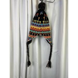 Knitted Earflap Hat Beanie Pompom Tassels Fleece Lined Ski Multicolor Hippi Boho